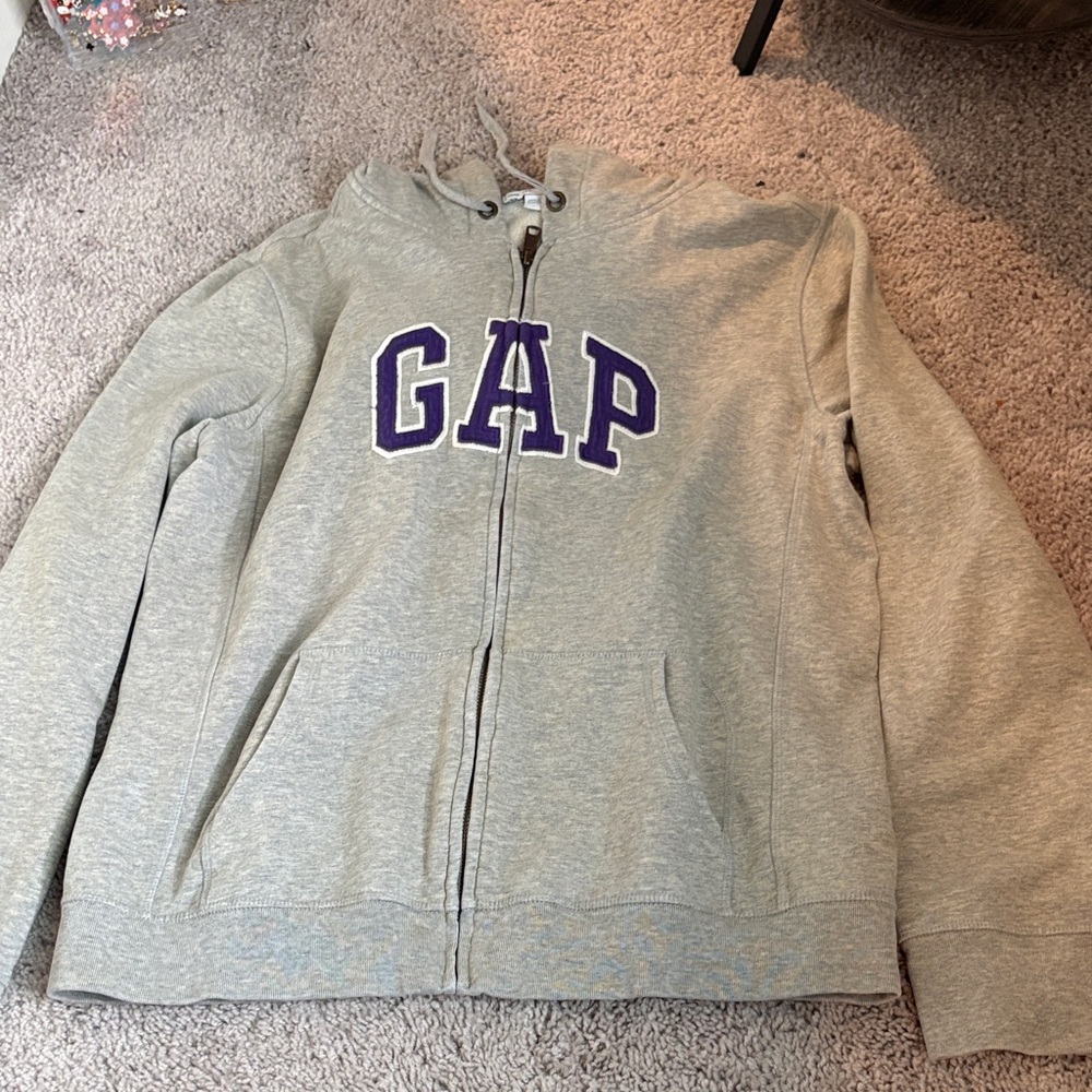 GAP Heather Gray Zip-Up Hoodie with Purple Lettering